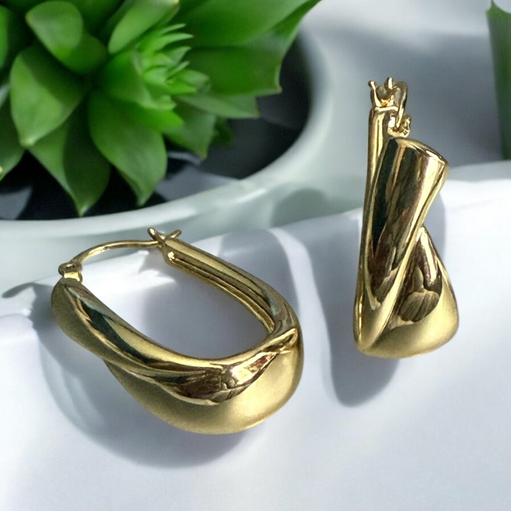 14k Gold Electroplated Tear Drop Chic Twisted 1 Inch Hoop Earrings